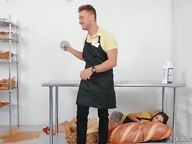 Threesome FFM action in the bakery with Maddy May and Lily Lou