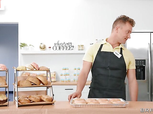 Threesome FFM action in the bakery with Maddy May and Lily Lou