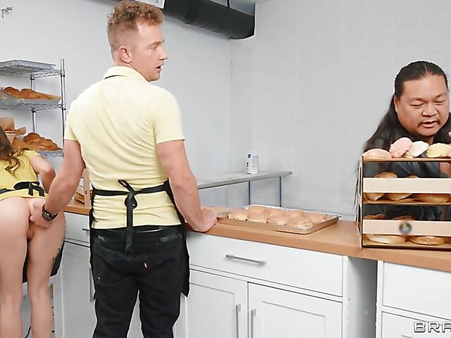 Threesome FFM action in the bakery with Maddy May and Lily Lou