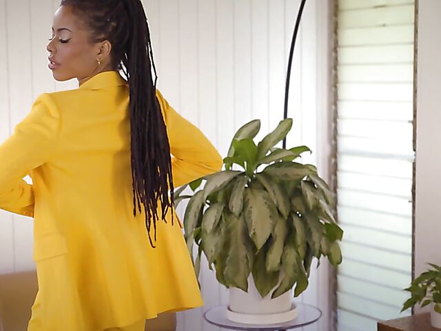 Kira Noir - Big tits ebony solo in yellow lingerie and business suit