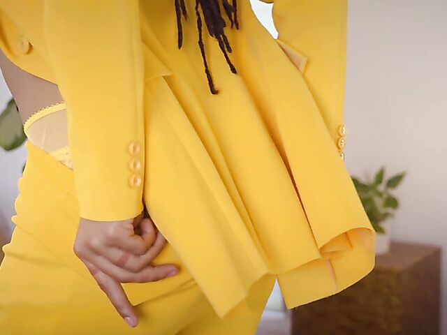 Kira Noir - Big tits ebony solo in yellow lingerie and business suit