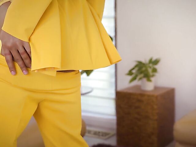 Kira Noir - Big tits ebony solo in yellow lingerie and business suit