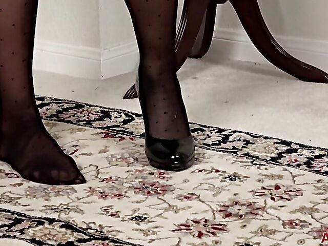 Mature maid Joana Jakes strips nude and masturbates on the floor