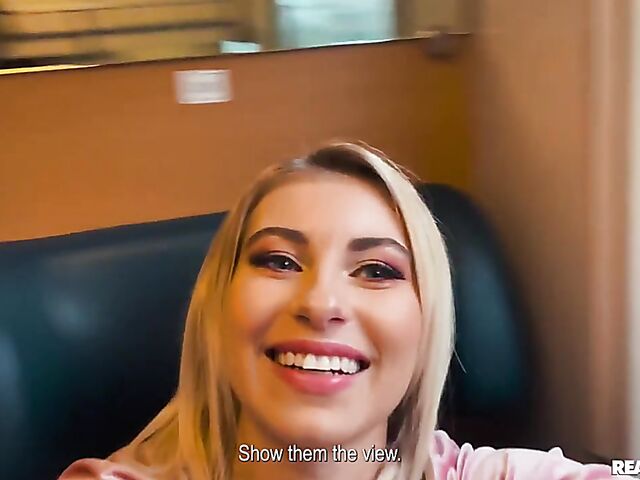 Busty lesbian Taylee Wood sharing a double ended dildo with Lilly Bella