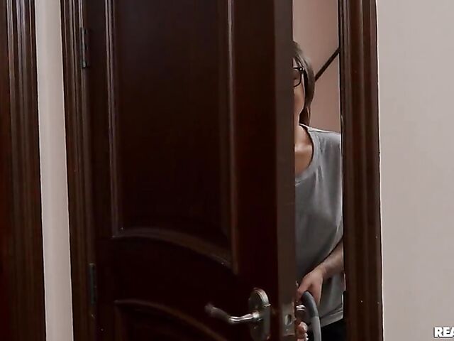 Sneaky sex with big natural tits girl Angel Youngs