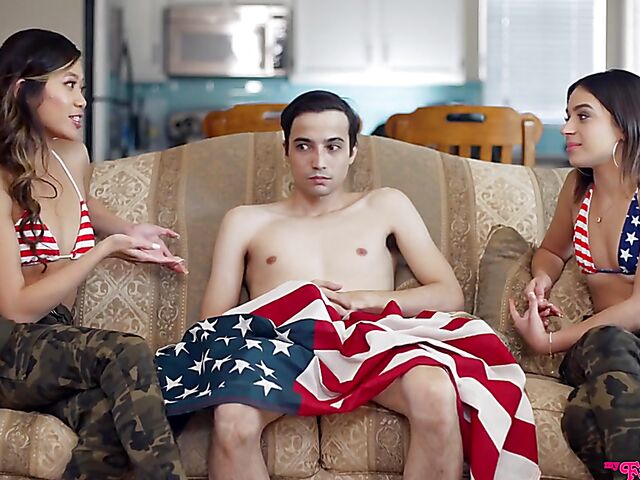 FFM teen threesome with cute patriotic girls in matching outfits Aria Valencia and Vina Sky
