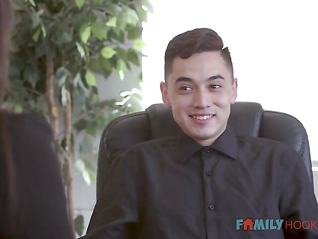 Mom and stepson office fuck with Lilly Hall