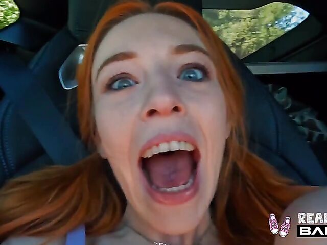 Naughty redhead teen Madi Collins gets it started in the car