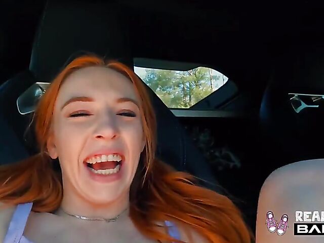 Naughty redhead teen Madi Collins gets it started in the car