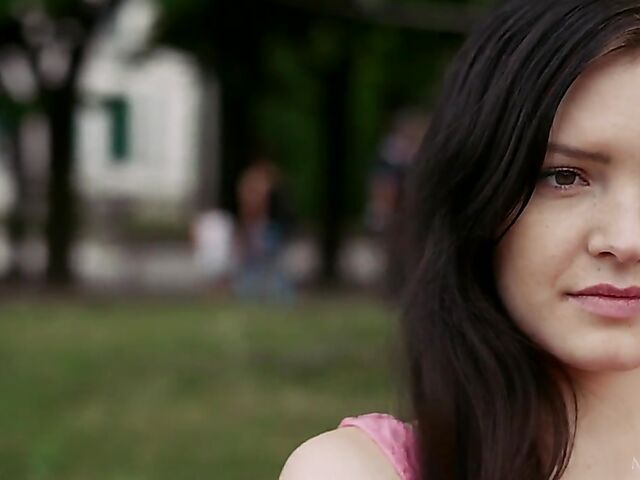 Cute brunette in pink mini dress Anie Darling takes her time