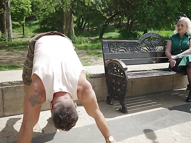 Big breasted mature blonde in stockings sucks and fuck a hot young man