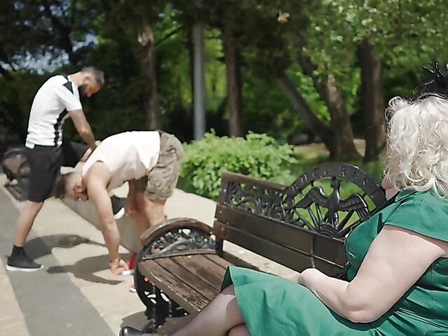 Big breasted mature blonde in stockings sucks and fuck a hot young man