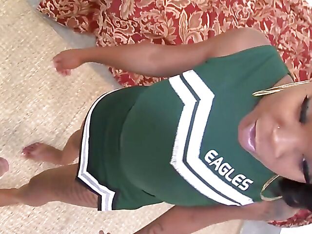 Ebony cheerleader eating and fucking an asian cock