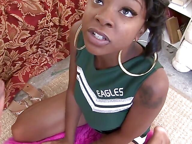 Ebony cheerleader eating and fucking an asian cock