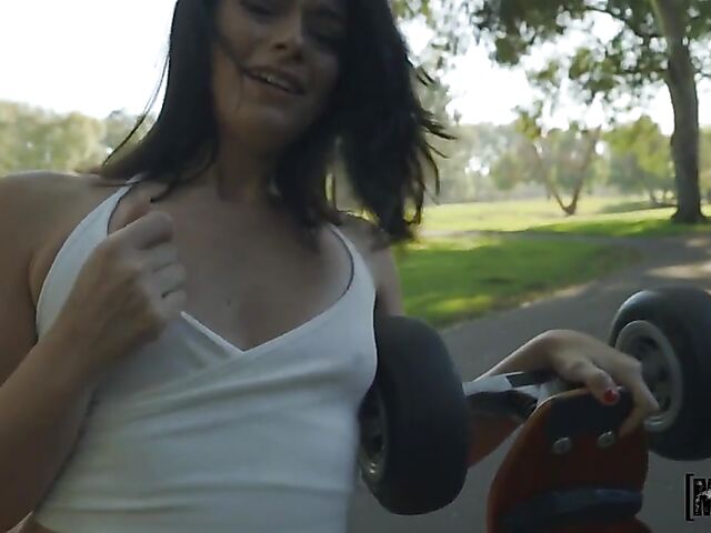 Car blowjob and shaved pussy fucking with Sophia Burns
