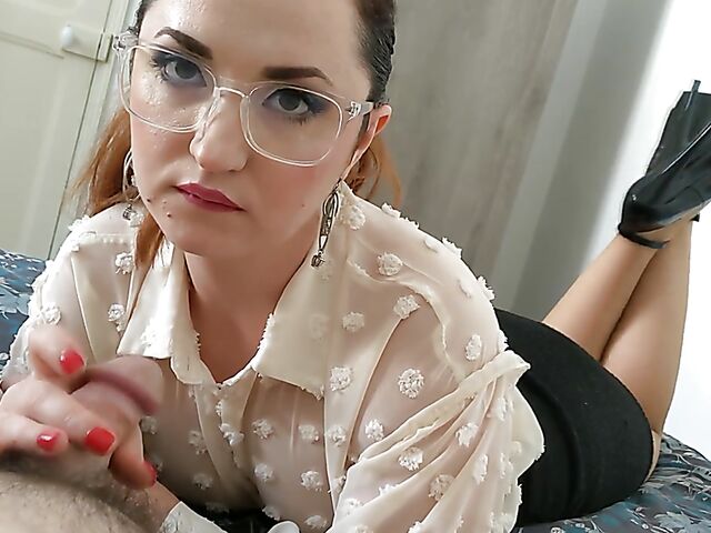 Ruined handjob POV with fully clothed four-eyed Dame Olga