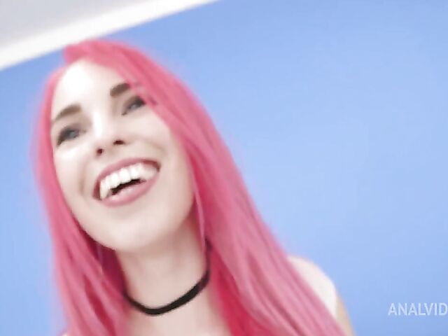 Pink-haired Ambra Dolce with big natural tits anal interracial session with ATM