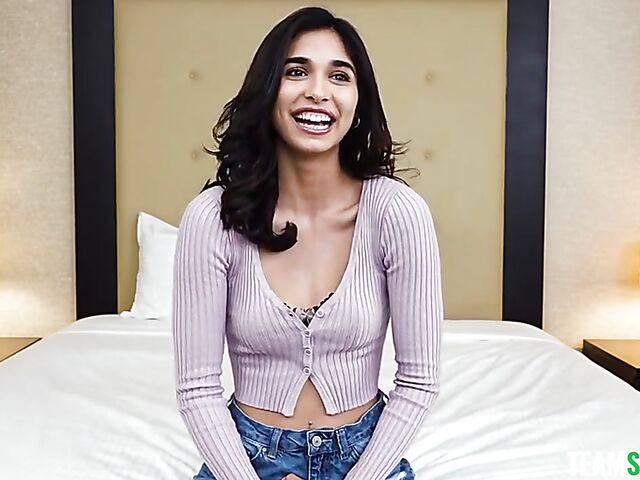 Reina Rae - Pretty brunette casting in denim mini skirt