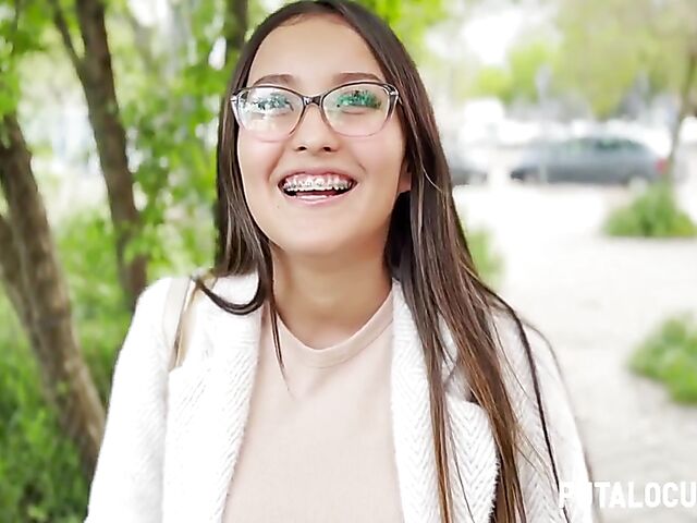 Four-eyed cute latina with braces Danny Love gets picked up by Torbe