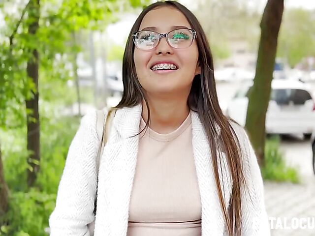 Four-eyed cute latina with braces Danny Love gets picked up by Torbe