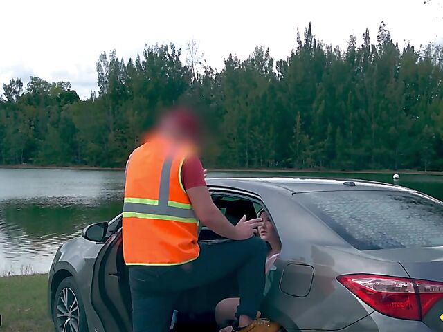 Young redhead Harper Red is naked in the car and needs help