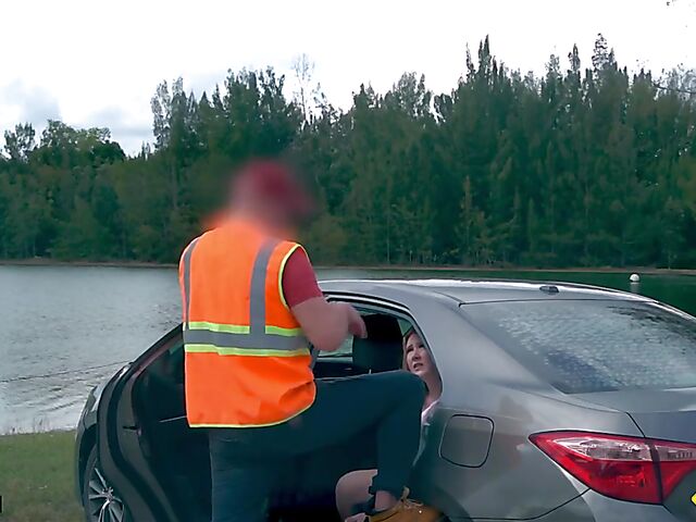 Young redhead Harper Red is naked in the car and needs help