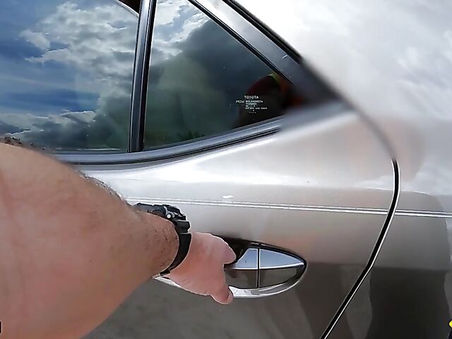 Young redhead Harper Red is naked in the car and needs help