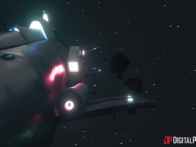 Emily Woods and Ruby Sims stroke Danny D's big pipe and fuck a double ended dildo in the space