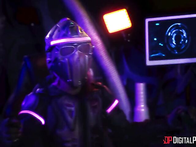 Emily Woods and Ruby Sims stroke Danny D's big pipe and fuck a double ended dildo in the space