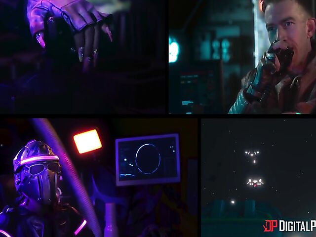 Emily Woods and Ruby Sims stroke Danny D's big pipe and fuck a double ended dildo in the space