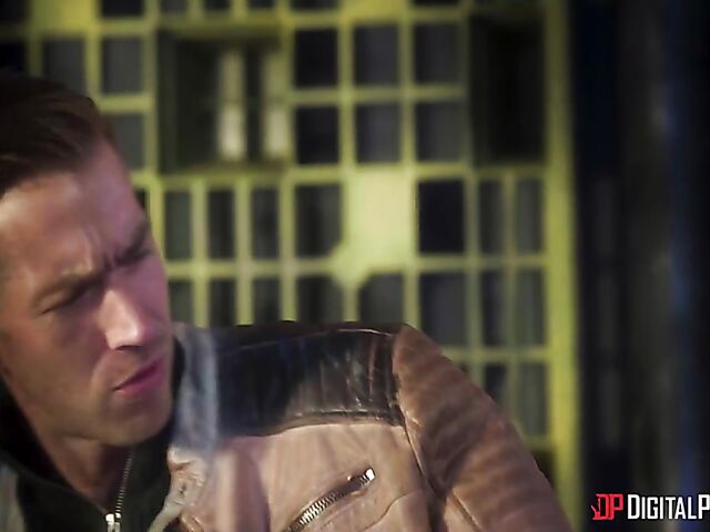 Emily Woods and Ruby Sims stroke Danny D's big pipe and fuck a double ended dildo in the space