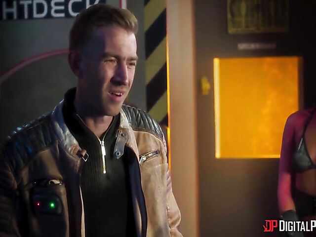 Emily Woods and Ruby Sims stroke Danny D's big pipe and fuck a double ended dildo in the space