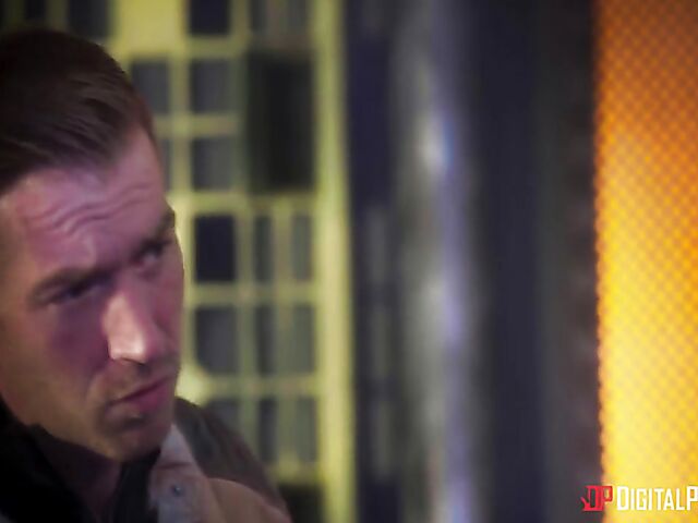 Emily Woods and Ruby Sims stroke Danny D's big pipe and fuck a double ended dildo in the space