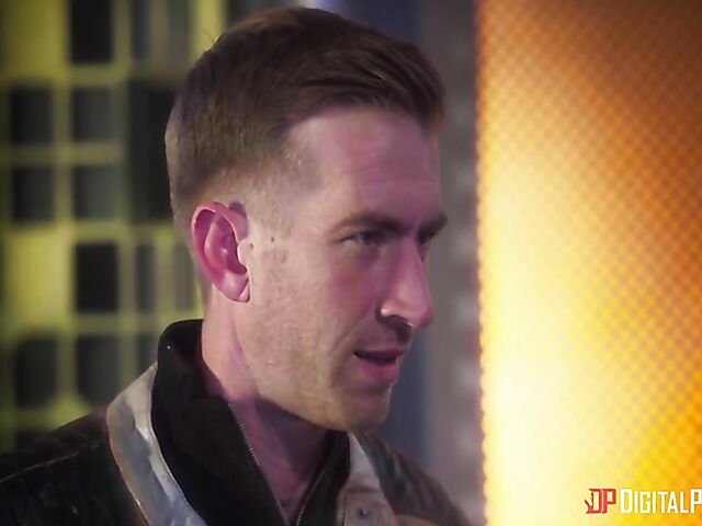 Emily Woods and Ruby Sims stroke Danny D's big pipe and fuck a double ended dildo in the space