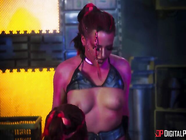 Emily Woods and Ruby Sims stroke Danny D's big pipe and fuck a double ended dildo in the space