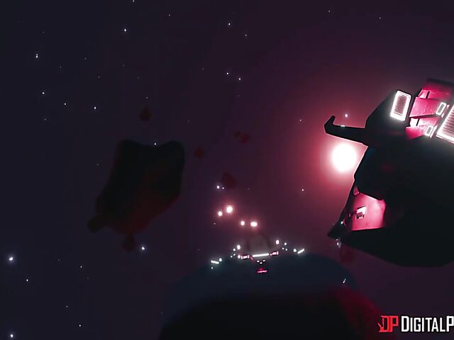 Emily Woods and Ruby Sims stroke Danny D's big pipe and fuck a double ended dildo in the space