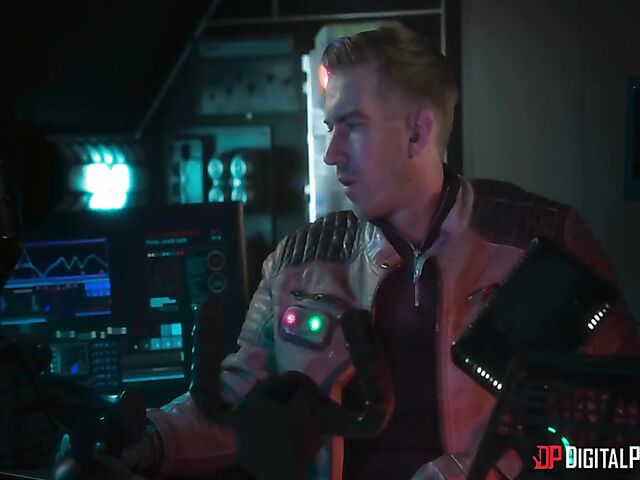 Emily Woods and Ruby Sims stroke Danny D's big pipe and fuck a double ended dildo in the space