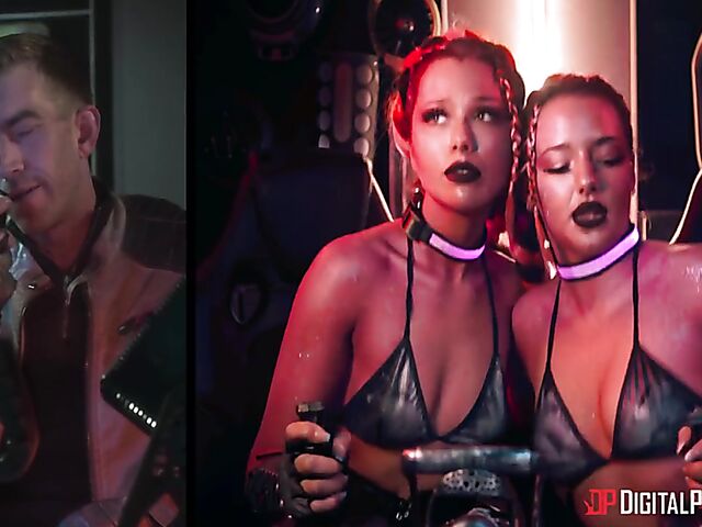 Emily Woods and Ruby Sims stroke Danny D's big pipe and fuck a double ended dildo in the space