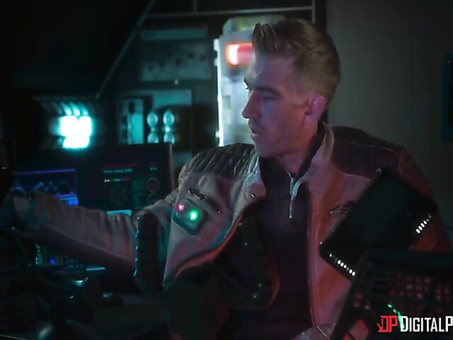 Emily Woods and Ruby Sims stroke Danny D's big pipe and fuck a double ended dildo in the space