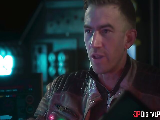 Emily Woods and Ruby Sims stroke Danny D's big pipe and fuck a double ended dildo in the space