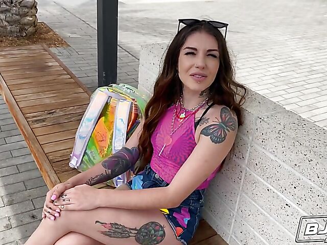 Tattoed small tits girl Brenna Mckenna gets picked up for oral sex session and gives head like a pro