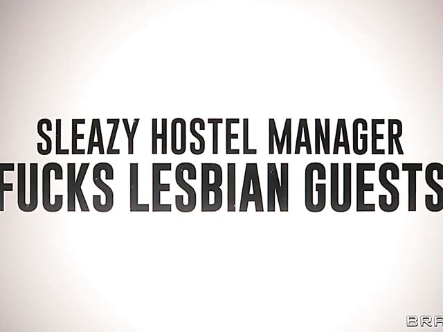 Two girls Jesse Pony and Lily Lou have an FFM threesome with dirty hostel manager Alex Legend