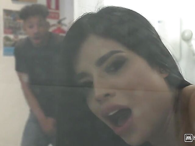 Horny Sara Retali with round ass and big tits interracial hostel fuck with her black roommate