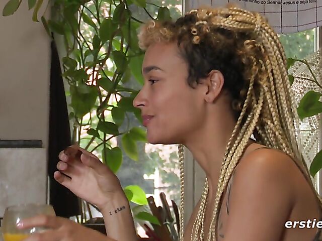 Real lesbians Rink and Becky drink juice and eat pussy in the kitchen