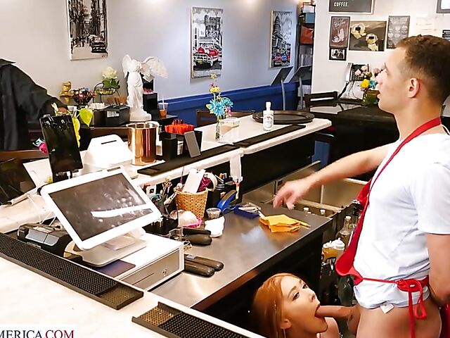 Young redhead Harper Red gets nailed behind the bar counter