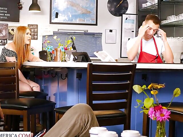 Young redhead Harper Red gets nailed behind the bar counter