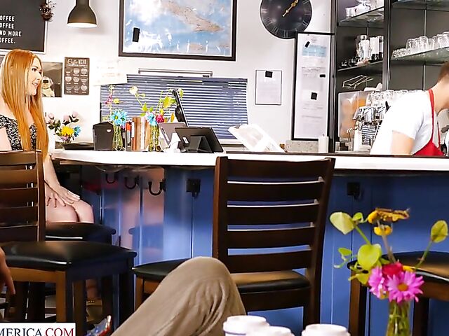 Young redhead Harper Red gets nailed behind the bar counter