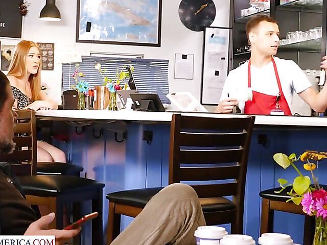 Young redhead Harper Red gets nailed behind the bar counter