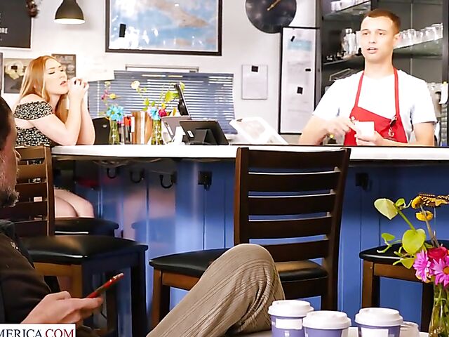 Young redhead Harper Red gets nailed behind the bar counter