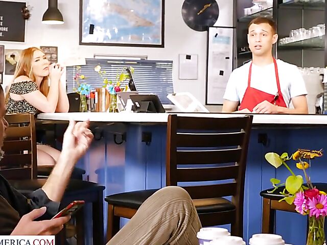 Young redhead Harper Red gets nailed behind the bar counter